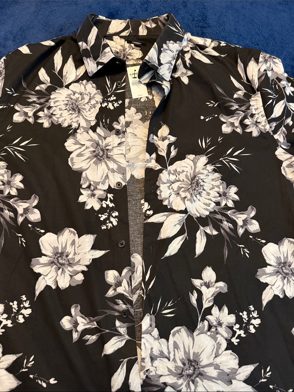 Men's Black Floral Button-Down Shirt - Modern Fit Express Slim 1MX - Picture 1 of 6